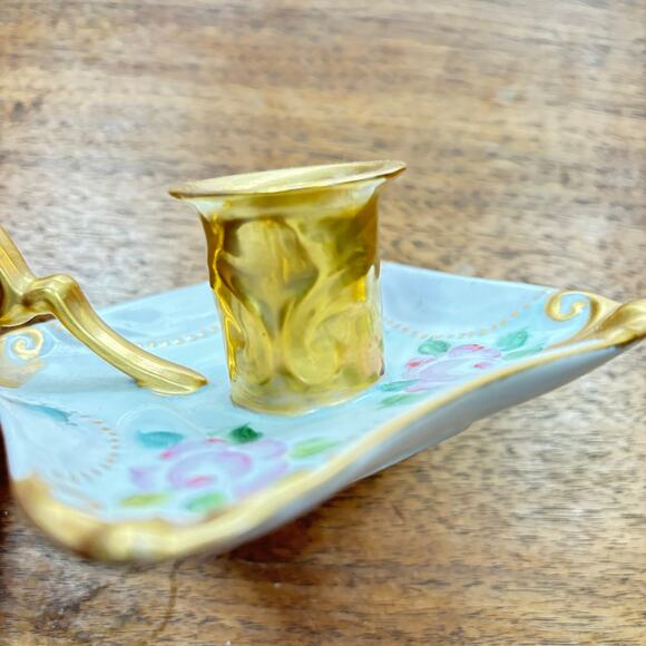 Hand painted porcelain candle holder finger lamp taper candlestick pink gold 60s - Picture 6 of 7